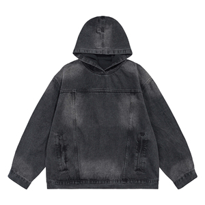 Sweat-shirt à capuche oversize en denim délavé unisexe, couleur unie, coton, streetwear, automne, éco-responsable, avec poche - Product Image 2