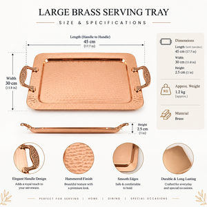 Bandeja Rectangular de Cobre Martillado Hecha a Mano con Asas de Latón Ornamentadas, Plato Grande para Servir Comida, Venta al por Mayor para Hogar, Hotel, Restaurante - Product Image 5