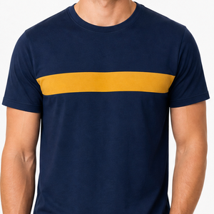Camiseta de Manga Corta Azul Marino para Hombre con Ribete en Contraste Amarillo, Corte Regular, Cuello Redondo, Estilo Casual - Product Image 2