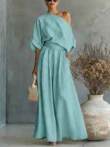 Womens Minimalist One Shoulder <b>Linen</b> CoOrd <b>Set</b> Relaxed Top & Harem Pants - Product Image 4