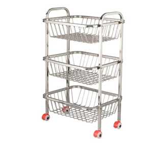 Chariot de rangement mobile à 3 niveaux avec paniers en fil chromé et plateau en bois, étagère de cuisine pour micro-ondes - Product Image 6