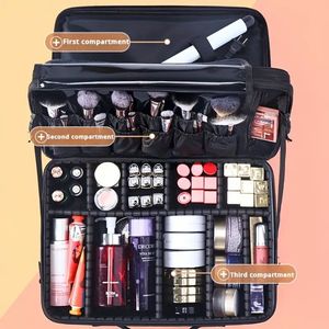 Scatola di alta qualità per il trucco in tessuto Oxford di grande capacità borsa portatile per il trucco da viaggio divisori regolabili perfetto rosso/nero - Product Image 3