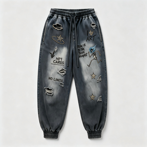 Ensemble de survêtement 2 pièces style punk pour homme, sweat à capuche zippé et pantalon de jogging, imprimé délavé et vieilli, coupe ample - Product Image 3