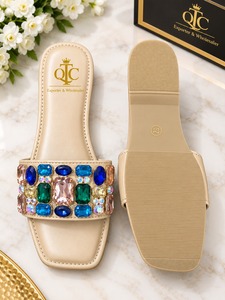 Mules plates beige à strass, sandales ouvertes, doublure en PU, tendance mode estivale, chaussures pour femmes - Product Image 2