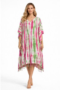 Caftán Largo de Viscosa con Estampado Tie-Dye, Diseño a Rayas, Ecológico, Cuello en V, Transpirable, Asimétrico - Product Image 2