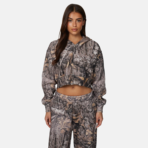 Sudadera con capucha corta con estampado de camuflaje para mujer, sudadera de punto con cremallera y manga larga, ropa informal de otoño - Product Image 1