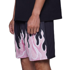 Custom Mens Black Mesh Shorts Pink Flame Graphic Print Drawstring Elastic Waistband Casual <b>Athletic</b> Basketball Trunks - Product Image 6