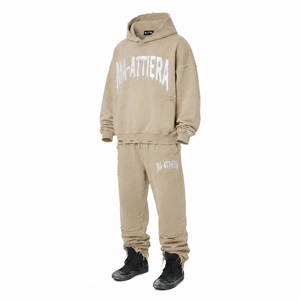 Custom Beige Washed Distressed <b>Oversized</b> Hoodie and Jogger <b>Sweatpants</b> Men Two Piece Streetwear Tracksuit Set - Product Image 5