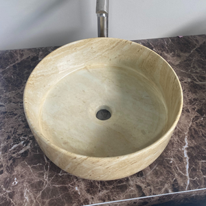 Round Travertine Vessel <b>Sink</b> Painted Finish Eco-Friendly Water Resistant Minimalist Design Counter Installation Bathroom Basin - Product Image 6