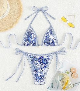 Reasonable Price Women's Halter Neck Bikini with V-<b>Strings</b> Bottom Floral Pattern Spandex/Nylon Fabric 2-Piece Beach Bath <b>Dress</b> - Product Image 4