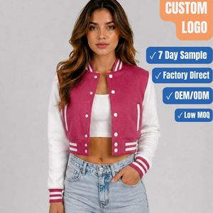 Veste de stade courte sur mesure pour femme avec fermeture à boutons-pression, en polaire de laine, col côtelé, OEM ODM, faible MOQ, commande en gros - Product Image 1