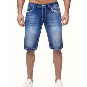 <b>Mens</b> Medium Blue Denim Shorts Contrast White Double Stitching Trim Pockets Silver Metal Hardware Casual Summer Jorts Apparel - Product Image 1