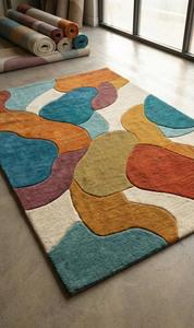 Modern Abstract Block Patchwork Wool Anti-Slip Medium Pile Cotton Canvas Backing Soft Tufted Terracotta Blue Mustard Area <b>Rug</b> - Product Image 6