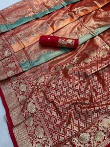 <b>Red</b> Banarasi Silk Saree For Women Luxury Zari Weaving Designer Wedding Party Wear Traditional Indian Ethnic Saree With <b>Blouse</b> - Product Image 2