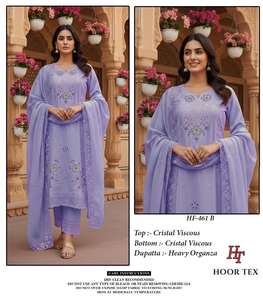 Conjunto de shalwar kameez de viscosa suave con parte inferior a juego y un dupatta de organza pesada de hermosa elaboración. - Product Image 3