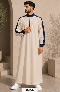 <b>Men's</b> Sport Stripe <b>Thobe</b> Islamic Jubba Half Zip Long Sleeve Modest Muslim Robe Casual Emirati Kaftan Kaftan Dress - Product Image 2