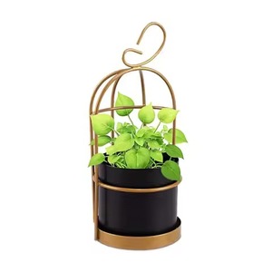Maceta colgante moderna de metal con marco circular y base de madera para plantas verdes de interior. - Product Image 2