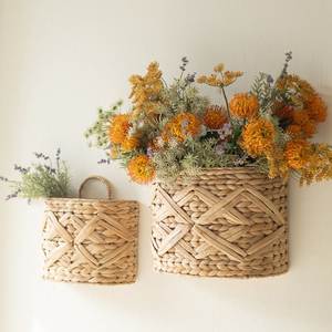 Panier mural en rotin de forme ovale, panier de rangement artisanal avec poignées pour la décoration de la maison, style rustique - Product Image 5