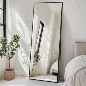 Miroir rectangulaire pleine longueur 71x26 pouces, cadre en alliage d'aluminium avec support, noir, à poser au mur ou à appuyer, pour couloir et salon - Product Image 1