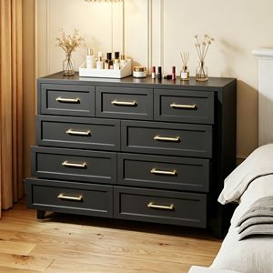 Commode haute à 9 tiroirs en métal noir avec tiroirs à glissière fluide, meuble de rangement peu encombrant pour chambre à coucher - Product Image 1