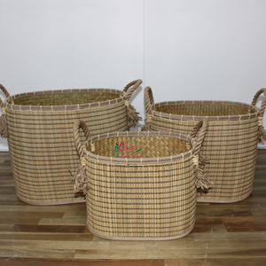 Eco Friendly Woven Palm Leaf Modern Rectangle <b>Storage</b> <b>Basket</b> Set with <b>Rope</b> Handles for Laundry <b>Storage</b> - Product Image 5