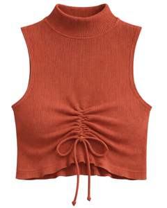 Top Corto Personalizado Color Naranja Quemado, Cuello Alto Acanalado, Sin Mangas, con Cordón Ajustable, Fruncido en la Parte Delantera, Corte Ajustado para Mujer - Product Image 1