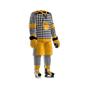 Ensemble uniforme de hockey sur glace pour hommes, rayures horizontales bleues, brunes et blanches, sublimation, maillot, short, gants, nom et numéro personnalisés, OEM - Product Image 5