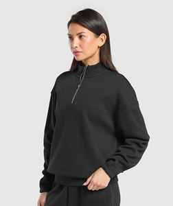 Chándal con Capucha para Mujer, Color Negro, Manga Larga, Cierre de Cremallera de un Cuarto, Ropa Casual de Otoño, Corte Regular, con Bolsillos Laterales - Product Image 2