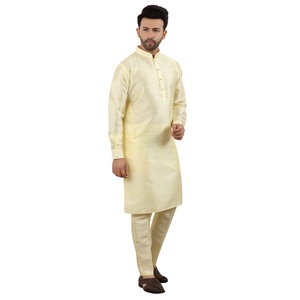 Shahi Vastra Men's Dupion <b>Silk</b> Wrinkle Free <b>Kurta</b> Pajama Set Light Yellow | Indian Ethnic Wear | Size 36-50 | Wholesale - Product Image 3