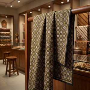 Tissu en coton batik indonésien artisanal, dessiné à la main, motif traditionnel Nitik Cakar, jaune vert Sogan, textile de qualité supérieure - Product Image 5