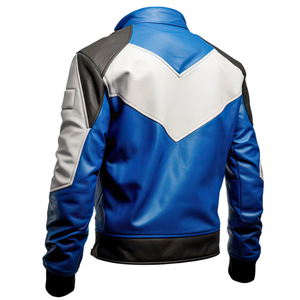 Men Blue <b>White</b> Black Leather Motorcycle <b>Jacket</b> Color Block <b>Biker</b> Racing <b>Jacket</b> Wholesale Supplier Custom Manufacturer - Product Image 2