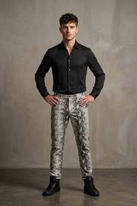 Eoin Winston Sports Men's Genuine Leather Slim Fit Gray Black Python <b>Snake</b> Print Formal <b>Dress</b> Trousers - Product Image 4