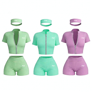 Custom Zip up Yoga Top and High Waist Shorts Leggings Gym Fitness Sportswear Workout <b>Outfits</b> Two <b>Piece</b> Set <b>Women</b> Clothing - Product Image 2