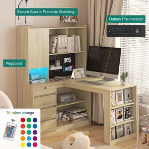 Bureau d'angle moderne pour la maison avec éclairage LED, chargeur, tiroirs et étagère – Bureau d'ordinateur durable pour l'étude ou le travail - Product Image 2
