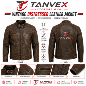 Veste en cuir d'hiver pour homme TANVEX Racer Pro, noir, rouge, blanc, col montant, tissu écologique personnalisé, style motard, fermeture éclair - Product Image 2