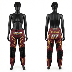Pantalones de Paintball para Mujer, 280 GSM, Poliéster Interlock Premium, Color Granate, Negro y Dorado, Multipanel, Logotipo Personalizado por Sublimación - Product Image 1