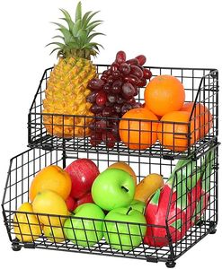 Panier à fruits à 2 niveaux à prix abordable, corbeille à fruits pour comptoir, rangement de légumes et de collations, organisateur de cuisine, noir. Panier - Product Image 4