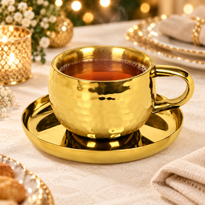 Hammered Gold Drinkware <b>Cup</b> <b>and</b> <b>Saucer</b> <b>Tea</b> Mug Beverage Server for Cafe Home Decor - Product Image 2