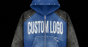 Felpa con cappuccio ricamata con logo personalizzato, in denim acid wash, con zip, patchwork e strass, oversize, taglio boxy, da uomo, con grafiche. - Product Image 5