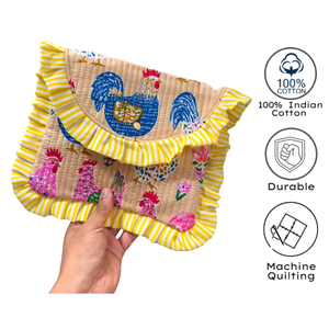 Bolsa de Cosméticos Acolchada de Algodón con Estampado de Pollo, Rayas Amarillas y Ribete con Volantes, Bolsa Pequeña Portátil para Maquillaje, Joyería y Artículos de Aseo - Product Image 2