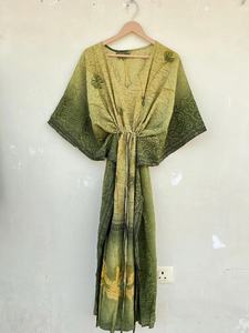 Caftan indien vert imprimé à la main pour elle Tissu crêpe de soie parfait pour les sorties décontractées - Product Image 3
