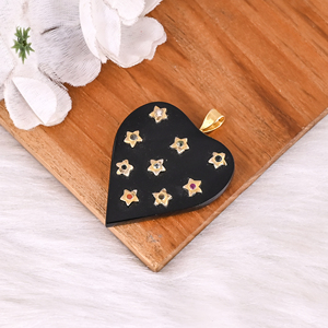 Stunning Celestial <b>Black</b> Onyx <b>Heart</b> Pendant Gold Star Inlay Luxury Statement Jewelry - Product Image 2
