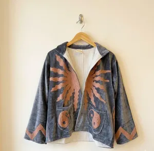 Ethnic Gray <b>Velvet</b> Embroidered Suzani Jacket Sun and Yin Yang Full Sleeve Stand Collar Handmade Bohemian Autumn <b>Women</b> <b>Coat</b> - Product Image 1