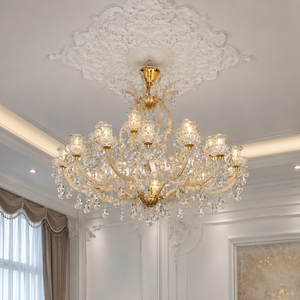 Lámpara de Araña de Cristal Dorada de Lujo con Múltiples Brazos y Gotas de Cristal Ornamentadas para Decoración Interior de Villas y Hoteles - Product Image 1