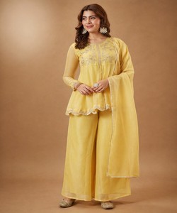 MODERN CRUNCHY COTTON WEAVING EMBROIDERY WORK <b>TOP</b> PALAZZO with DUPATTA <b>FESTIVE</b> WEAR WHOLESALE PRICE ETHNIC GARMENT LIGHT YELLOW - Product Image 1