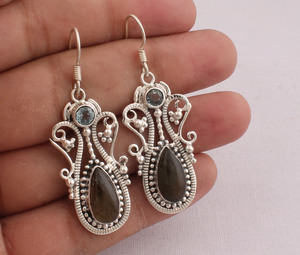 Boucles d'oreilles pendantes vintage en labradorite naturelle et argent sterling 925, bijoux faits main en pierres précieuses pour femmes, vente en gros - Product Image 4