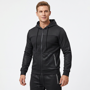 Ensemble de survêtement noir à capuche pour homme, fermeture éclair intégrale, sweat-shirt et pantalon sportifs, couleur unie, polyester respirant, vêtements d'automne - Product Image 5