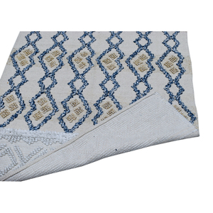 Tapis marocain tissé à la main en sergé, crème, bleu, beige, texturé, à poils ras, adapté aux animaux domestiques, en coton, pour salon bohème - Product Image 5