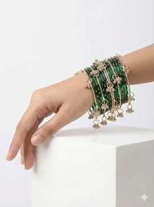 Premium Gold Plated Trendy Multi-Tone Glass & Pearl <b>Bangle</b> <b>Set</b> Ombre Finish Glitter Accents Traditional Wedding Wholesale Bulk - Product Image 5