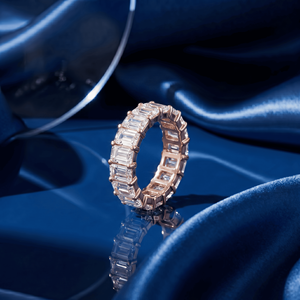 Anillo de diamantes cultivados en laboratorio, corte esmeralda, banda de eternidad en oro rosa, anillo de eternidad completo, elegante anillo de boda para mujer - Product Image 5